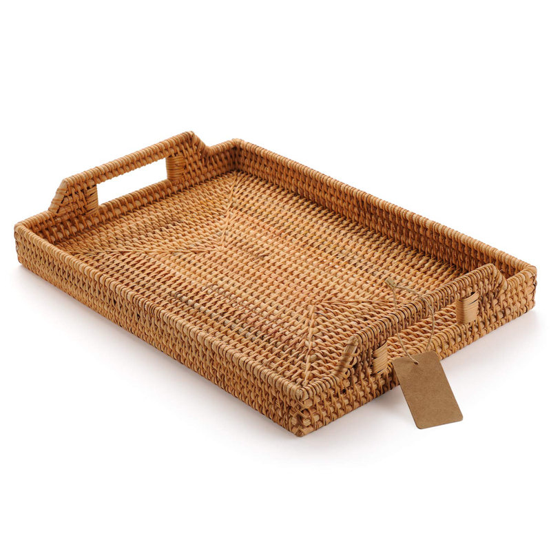 Hand-Woven Rattan Rectangular Serving Tray With Handles, 1.8" H x 11.4" W x 17" L