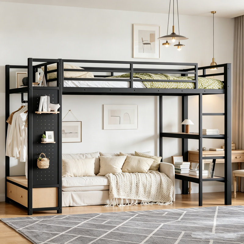 Lit superposé double au-dessus de double avec tablettes de rangement, lits superposés en métal avec tiroirs et panneau perforé, structure de lit superposé non grinçant et stable pour les adolescents et les adultes, noir