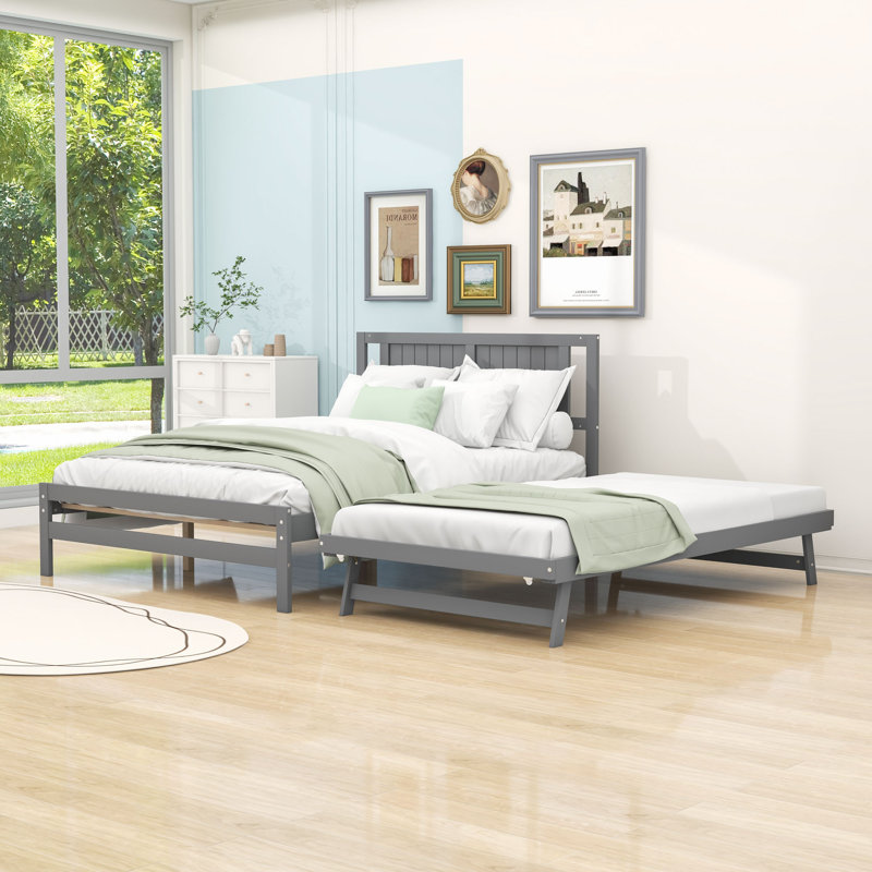 Full Size Wooden Platform Bed with Adjustable Twin Trundle and Headboard, Gray