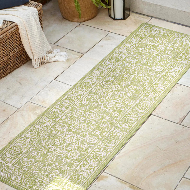 Tapis d'intérieur / extérieur vert / crème à motif floral bohémien Demians, Tapis de couloir 2 pi 2 po x 10 pi