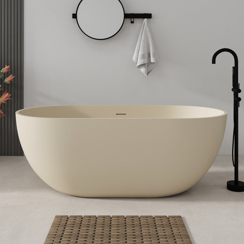 59'' Freestanding Soaking Solid Surface Bathtub Stone Resin Bath Tub with Overflow, Pop-up Drain, Milk-Coffee, milk-Coffee