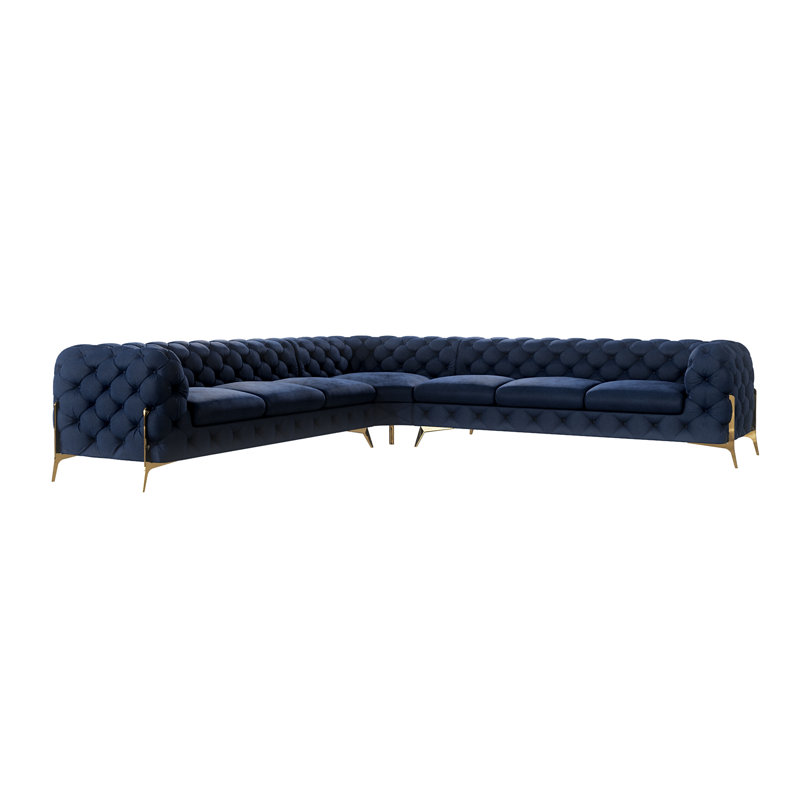 Chesterfield Corner Sofa L-Shape  with Gold Metal Legs, Navy Blue