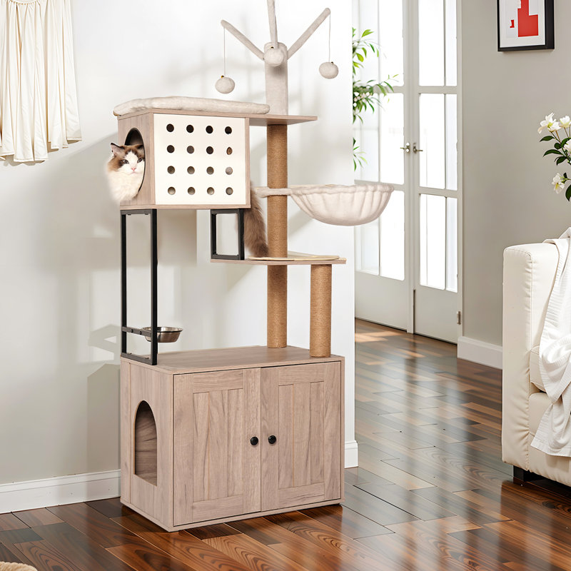 Chat gris avec bac à litière et zone d'activité intégrés, fonction 3-en-1, poteaux à griffer, tapis d'alimentation amovible, facile à nettoyer, arbre de conception américaine, bol confortable, fabriqué en