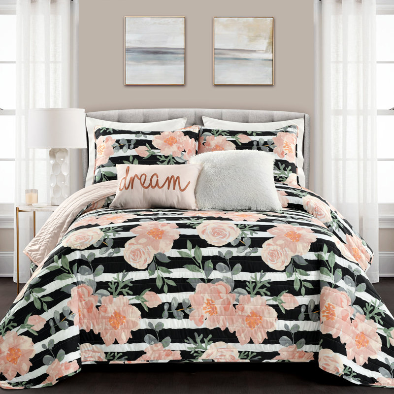 Amara Black/Dusty Rose Microfiber Reversible Quilt Set, King Quilt + 2 Shams + 2 Throw Pillows