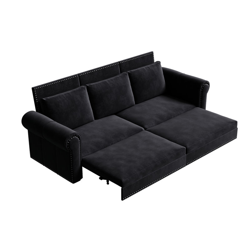 Canapé Chesterfield, canapé-lit gigogne de 93,7 po, canapé-lit convertible en velours 3 en 1 avec garniture cloutée et accoudoirs roulés, canapé-lit multifonctionnel pour le salon, la chambre à coucher, noir (même SKU: W1885S00039)