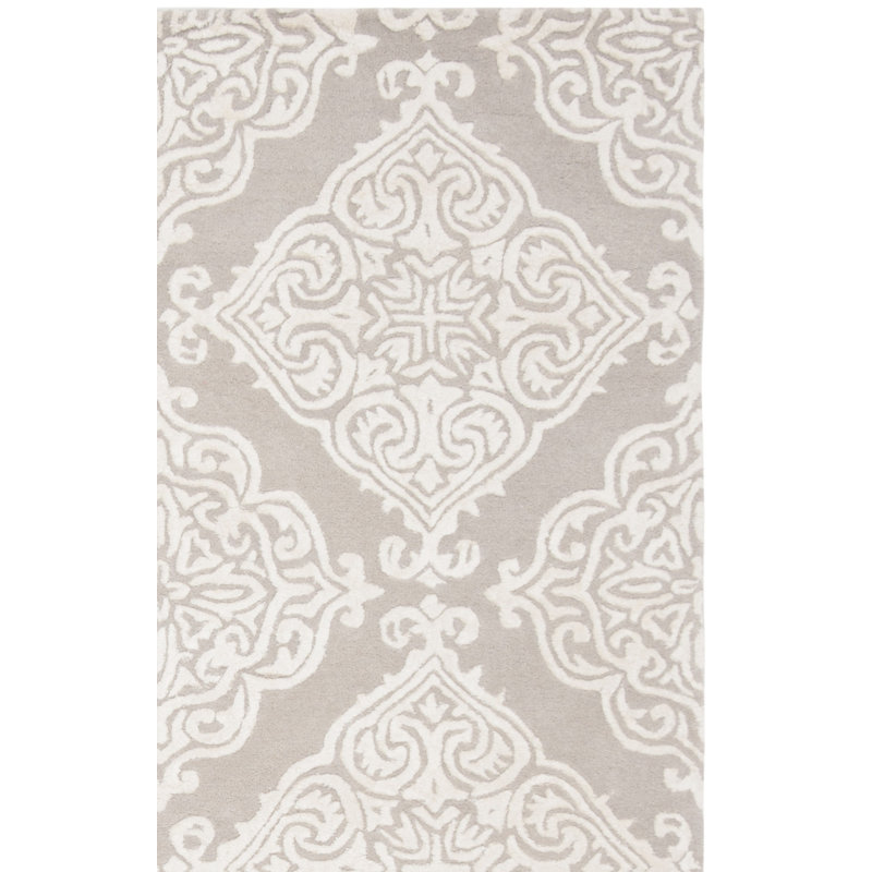 Bernon Hand Tufted Viscose/Wool Damask Rug in Silver/Ivory, Runner 2'3" x 8'