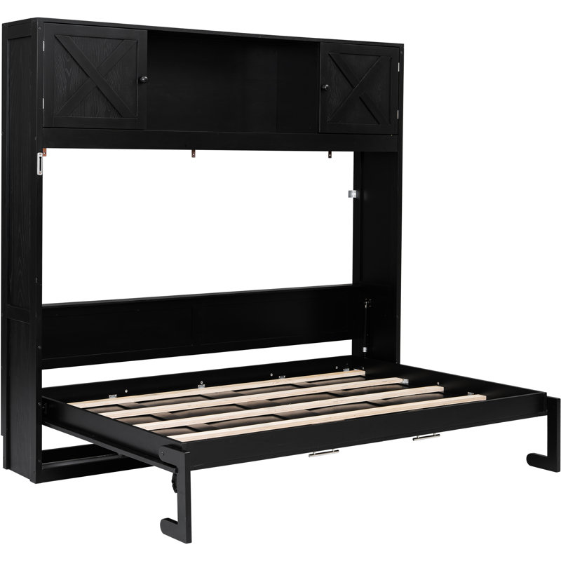Black Full Size Bed With 3 Storage Cabinets For Sunglasses And Wallets, Reliable Pine Wood Build, Folding Tiny Homes Bed, X-Shaped Embellishment, Solid Wood, Easy To Up
