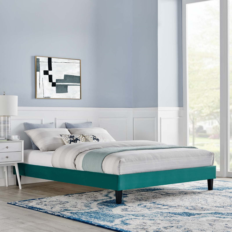 Reign Performance Velvet Platform Bed Frame, Teal Plainweave, Full/Double