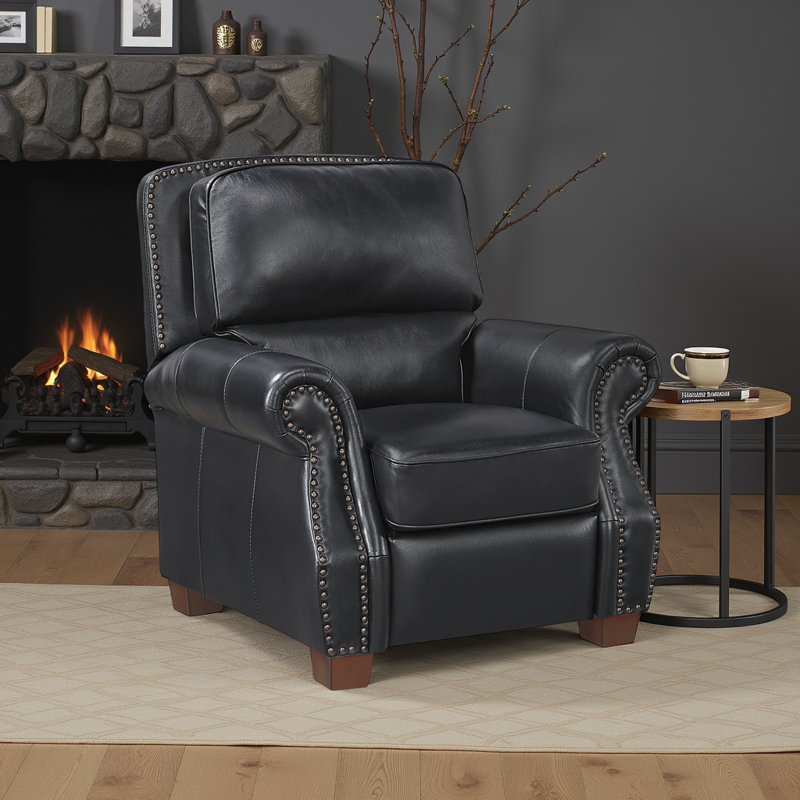  Southlake 40.5" Traditional Top Grain Leather Match Push Back Reclining Chair with Elegant Nailhead Trim & Solid Wood Feet