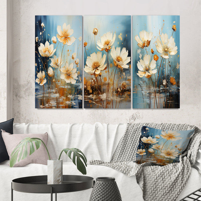 «Blossoming White Daisy Teal Blue Sky», 3 pièces sur toile, Toile tendue, H 40 po x l 60 po