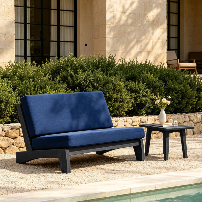 Polett Outdoor Conversation Set Solid Wood Group With Loveseat And Side Table, Navy, Black