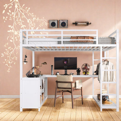 Lit mezzanine en métal peu encombrant avec garde-robe de rangement et bureau en L, design moderne pour la maison