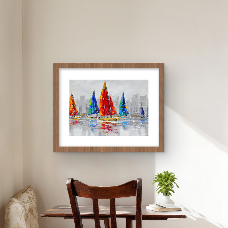 Bateaux colorés près de la ville grise | Imprimé de chambre à coucher marine