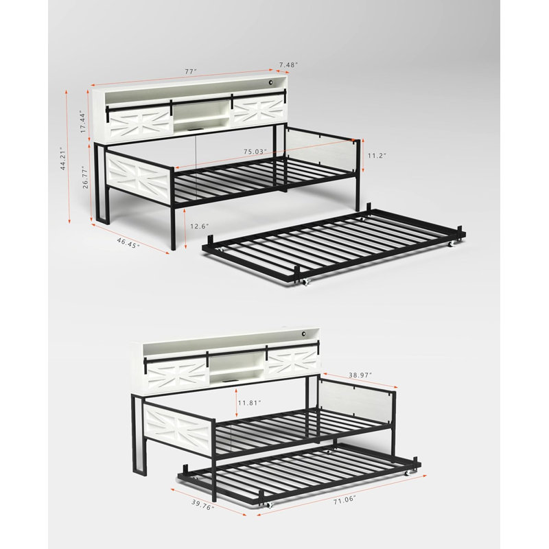 Twin Daybed With Trundle, Sliding Barn Door Headboard, Charging Station & LED Lights | Modern Farmhouse Daybed For Bedroom Or Guest Room, Glossy White