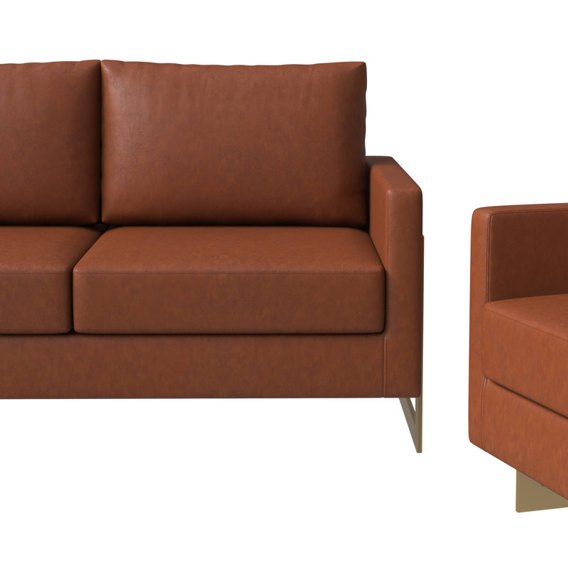 Ensemble de canapé 3 pièces rembourré en cuir avec base en acier inoxydable doré Collection Celaeno, Brun clair cognac