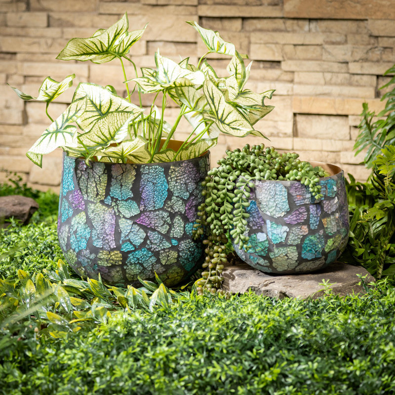 Ensemble de 2 pots à fleurs mosaïques en verre et métal