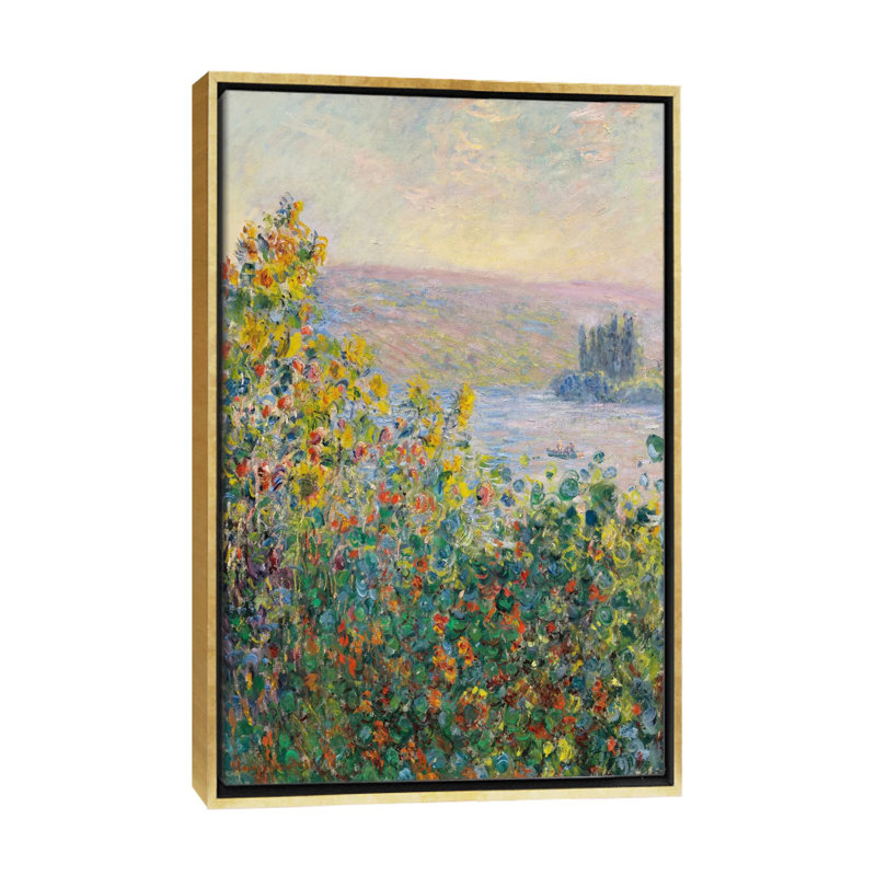 Parterres de fleurs à Vetheuil par Claude Monet - reproduction d'art, H 48 po x l 32 po x P 1,5 po, Toile encadrée d'or