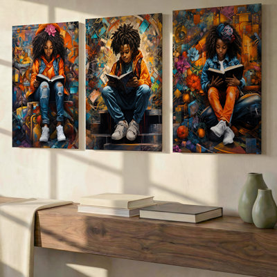 3 Pieces Exculisive Colorful Reading Portrait Large Wall Art Orange and Blue Young Readers Panoramic, Canvas Decor for Living Room, Bedroom and Office
