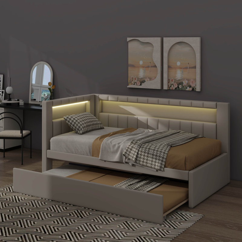 Lit plateforme tapissier élégant avec ports USB et éclairage d'appoint à DEL, Blanc
