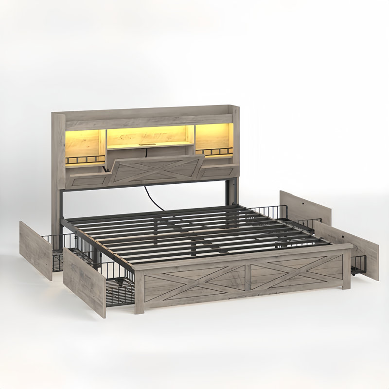 Storage Bed Queen with LED Headboard and Charging Station – Farmhouse Platform Bed with 4 Drawers, Flip-Door Cabinets, USB Ports, No Box Spring Needed, Rustic Gray Wood & Metal Frame