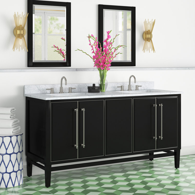 Ensemble de meuble-lavabo double 61 po avec miroir Ewen, Noir, Argent brossé, Blanc de Carrare