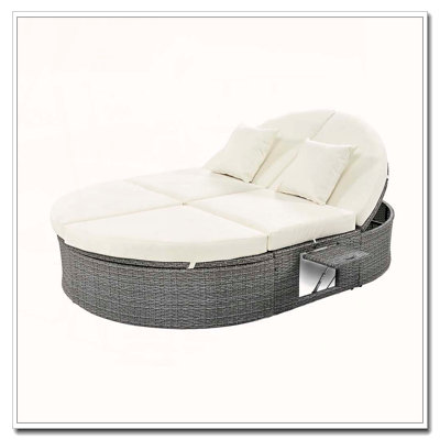Lit de jour d'extérieur pour 2 personnes avec coussins et coussins, chaise longue inclinable de jardin en rotin avec dossiers réglables et plateaux à tasses pliables pour la pelouse