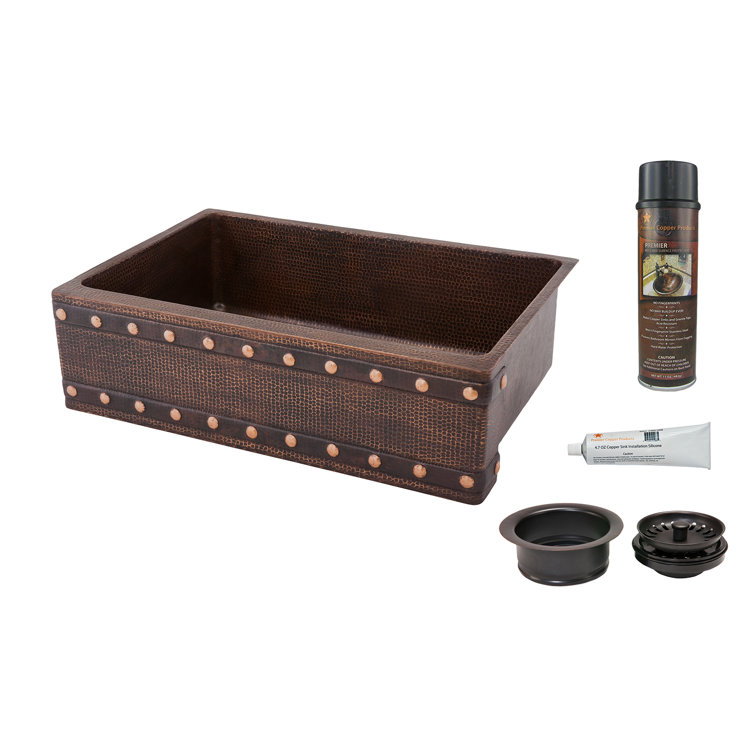 30" Hammered Copper Kitchen Apron Single Basin Sink w/ Barrel Strap Design with Matching Drain and Accessories