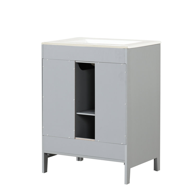 Meuble-lavabo de salle de bain 24 po, en bois massif et gris, armoire avec tablette réglable et deux tiroirs en céramique gris, rangement