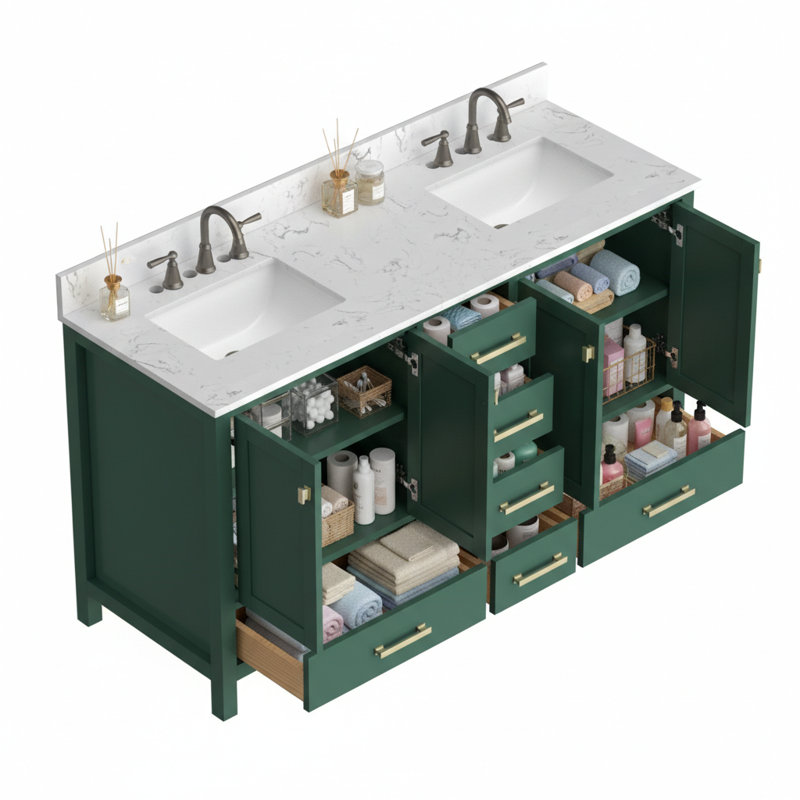 Meuble-lavabo de salle de bain de 60 pouces avec lavabo double, structure en bois massif, monobloc, comptoir de toilette autoportant, vert, tiroirs à fermeture en douceur