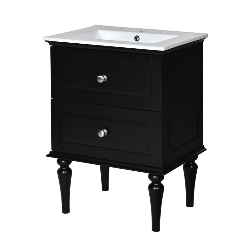Ensemble de meuble-lavabo 24 po avec lavabo en céramique, armoire de rangement moderne avec 2 tiroirs, cadre en bois massif, noir