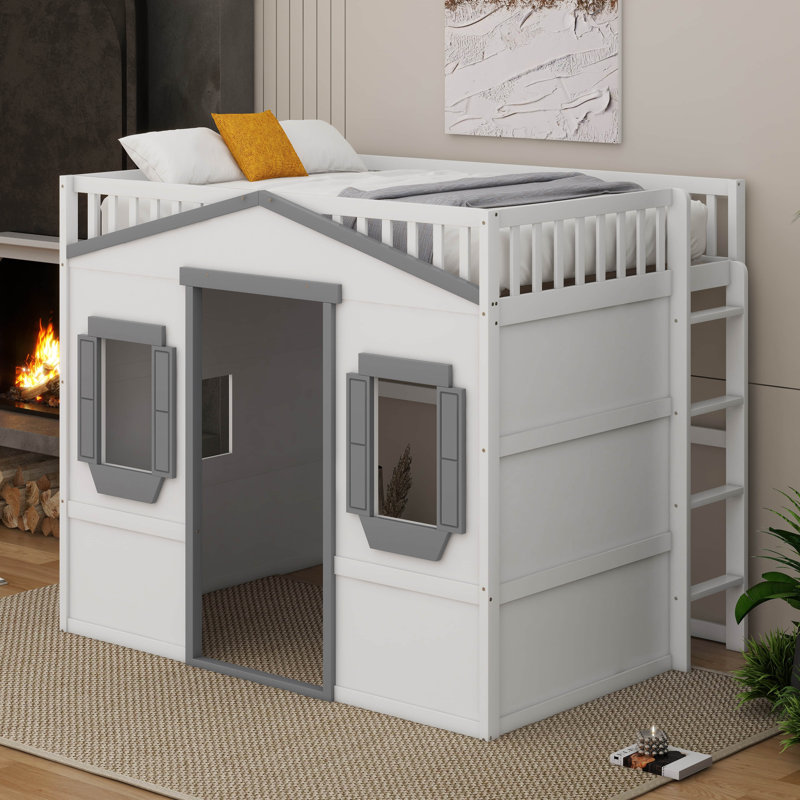 Lit mezzanine avec échelle House, Blanc / Gris, Lit double