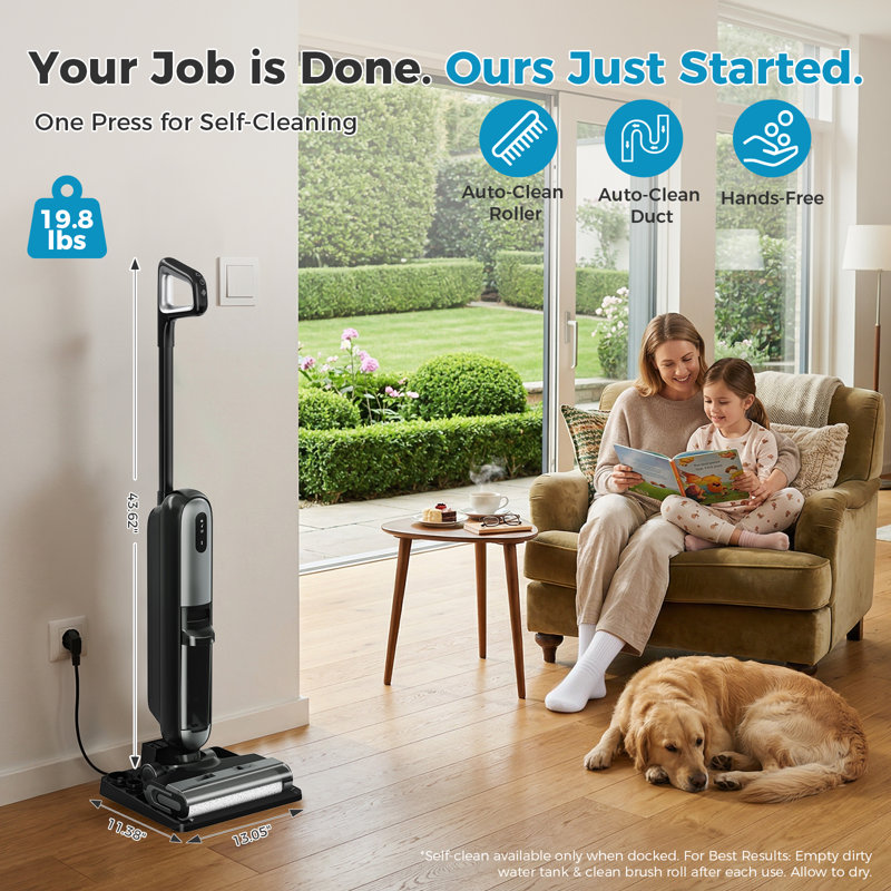 Laveuse à plancher sans fil avec système d'auto-nettoyage, double cuve et nettoyage des bords pour les planchers durs, Noir