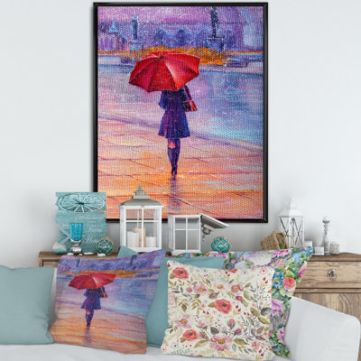 Femme marchant avec un parapluie rouge sous la pluie - peinture sur toile