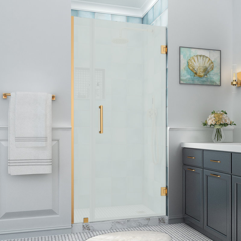 Belmore XL 31.25 - 32.25 in. W x 80 in. H Frameless Hinged Shower Door with StarCast Glass, Brushed Gold, Frosted Glass