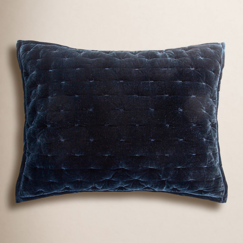 Stella Solid Colour Quilted Faux Silk Velvet Romantic Western Decorative Pillow Sham, Midnight Blue, King
