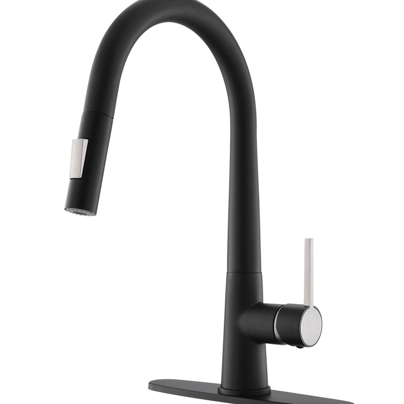 Robinet de cuisine noir à poignée simple escamotable, contemporain, remplissage en céramique, laiton, avec robinet de plaque de pont, style contemporain, matériau en laiton,