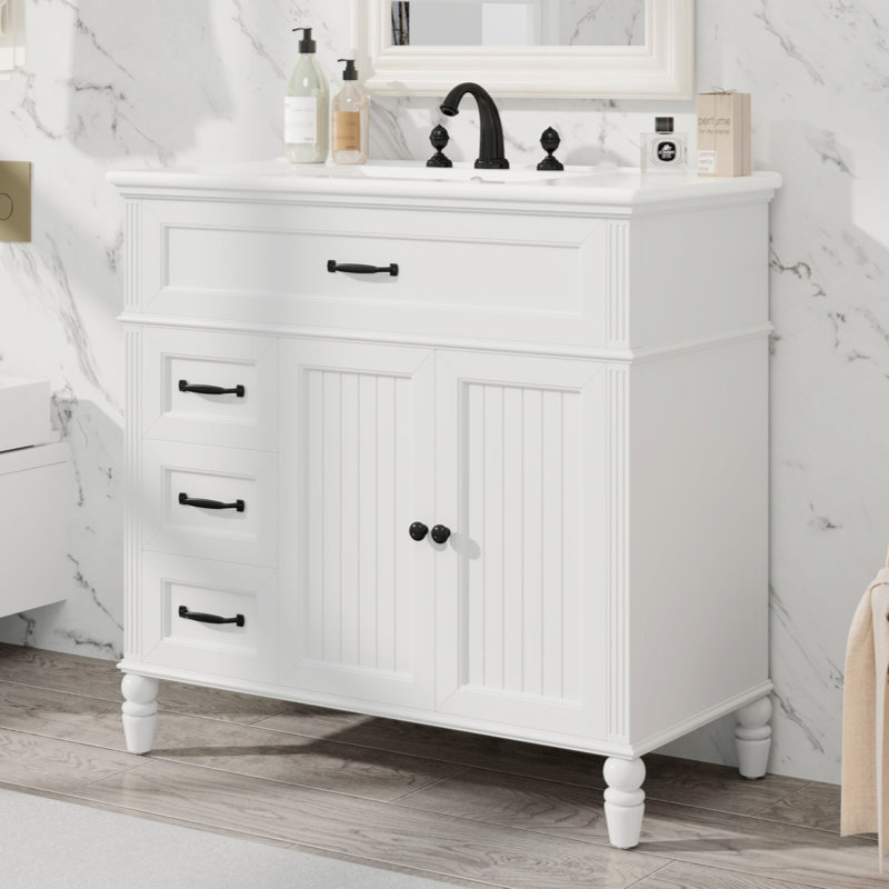 36" Bathroom Vanity With Sink, Bathroom Cabinet With Drawers, Solid Frame And MDF Board, One Package, White, Black