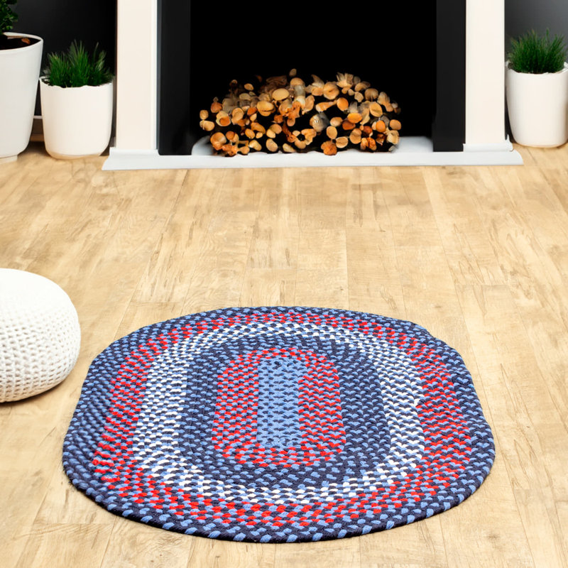 Tapis bleu / rouge en coton tressé Farmhouse, Ovale 2 pi x 3 pi
