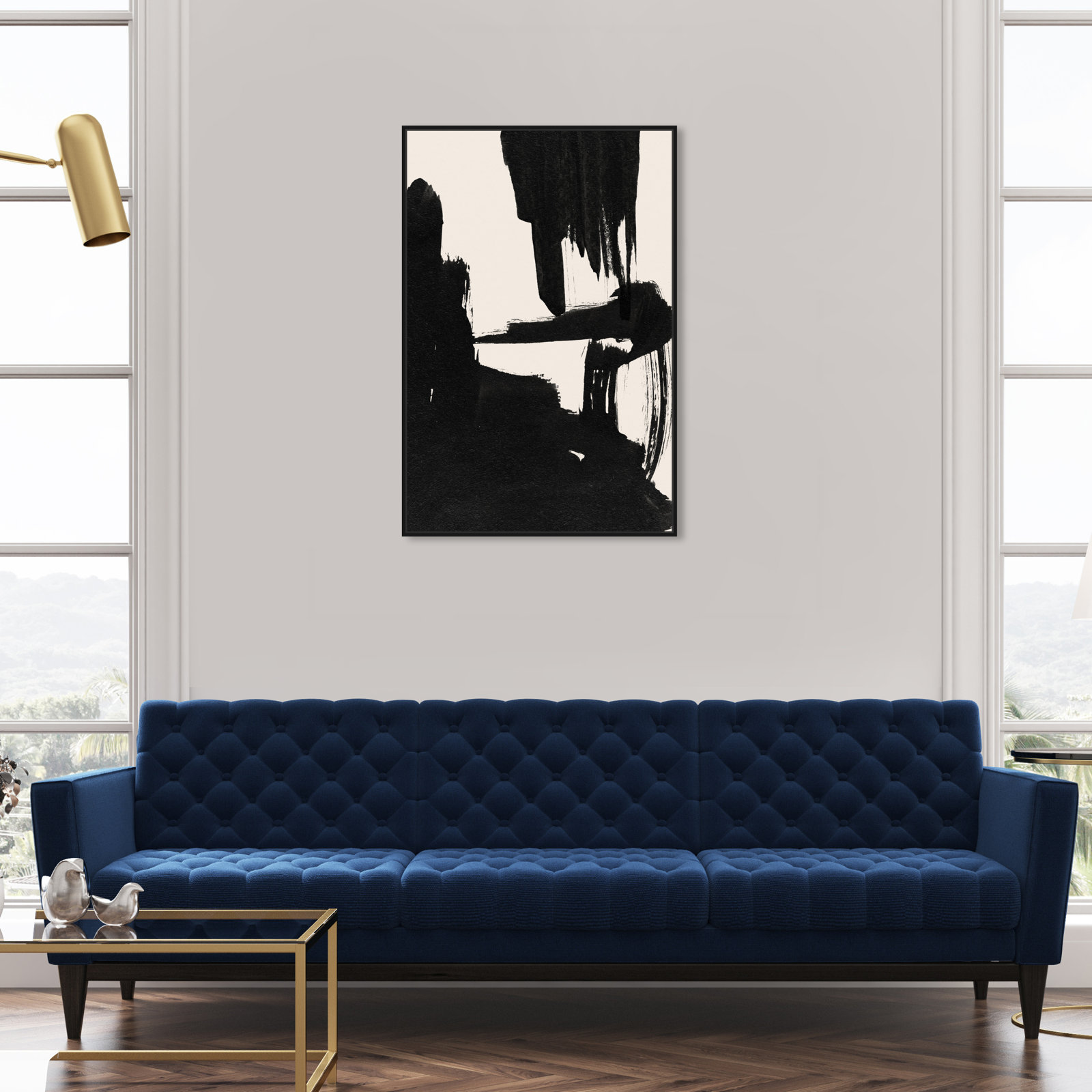 Abstract Black and White Brush Stroke Print, Black, 37" H x 25" W