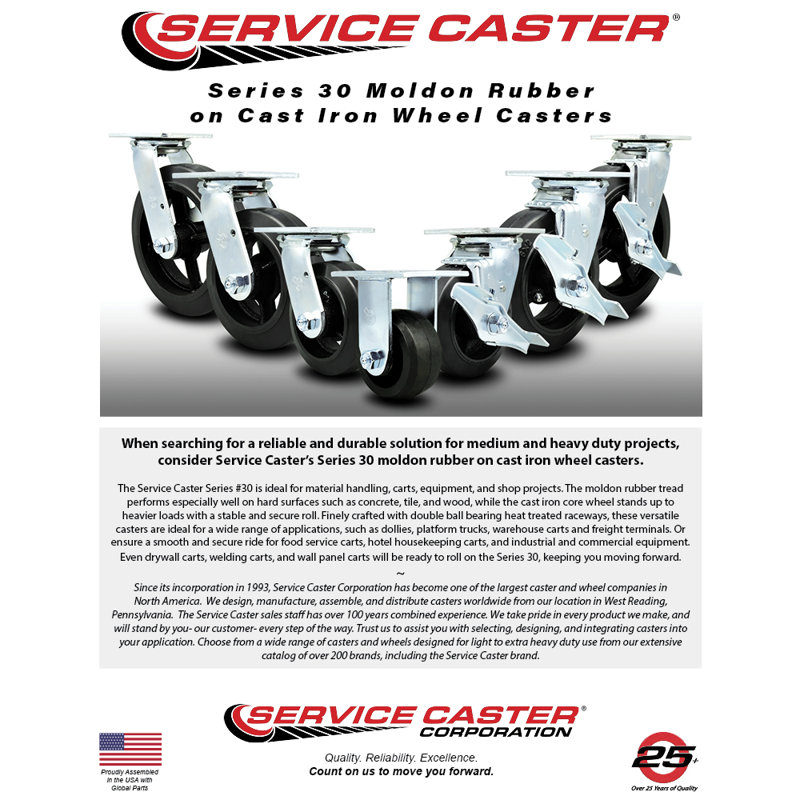 6 Inch Rubber on Steel Caster Set with Roller Bearings 2 Brakes 2 Rigid SCC/SCC-30CS620-RSR-TLB-2-R620-2