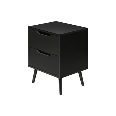 Modern End Table With Spacious Storage Drawers, Black Laminate Finish, 24-inch High, Solid Wood Legs, For Bedroom And Living Room, Space Design Nights
