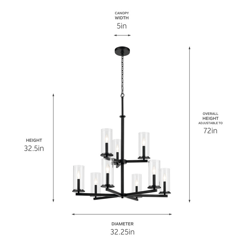 Lustre 9 lumières 32,5 "à 2 niveaux, Noir satiné
