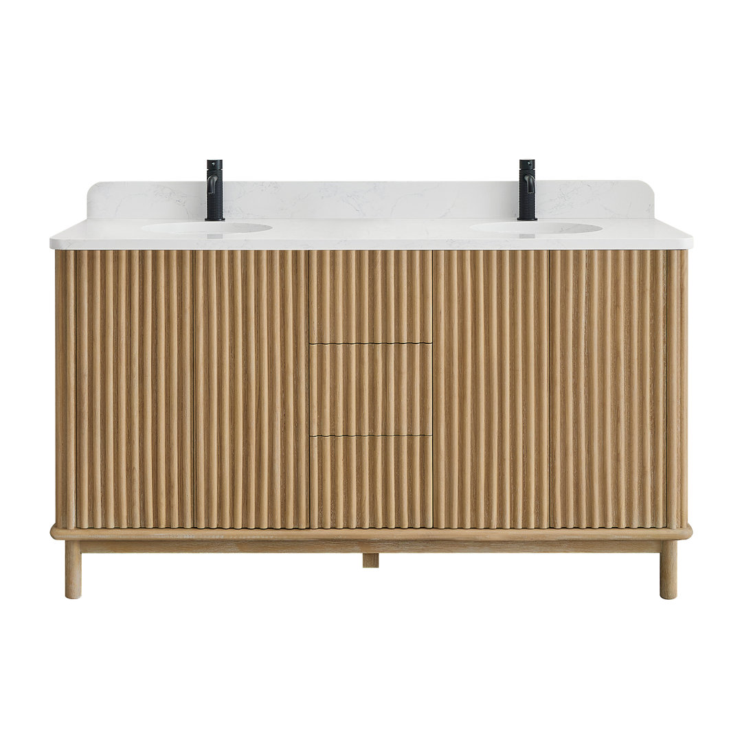 Seoul 60" Double Vanity in Washed Ash Grey with White Grain Composite Stone Top Ebern Designs