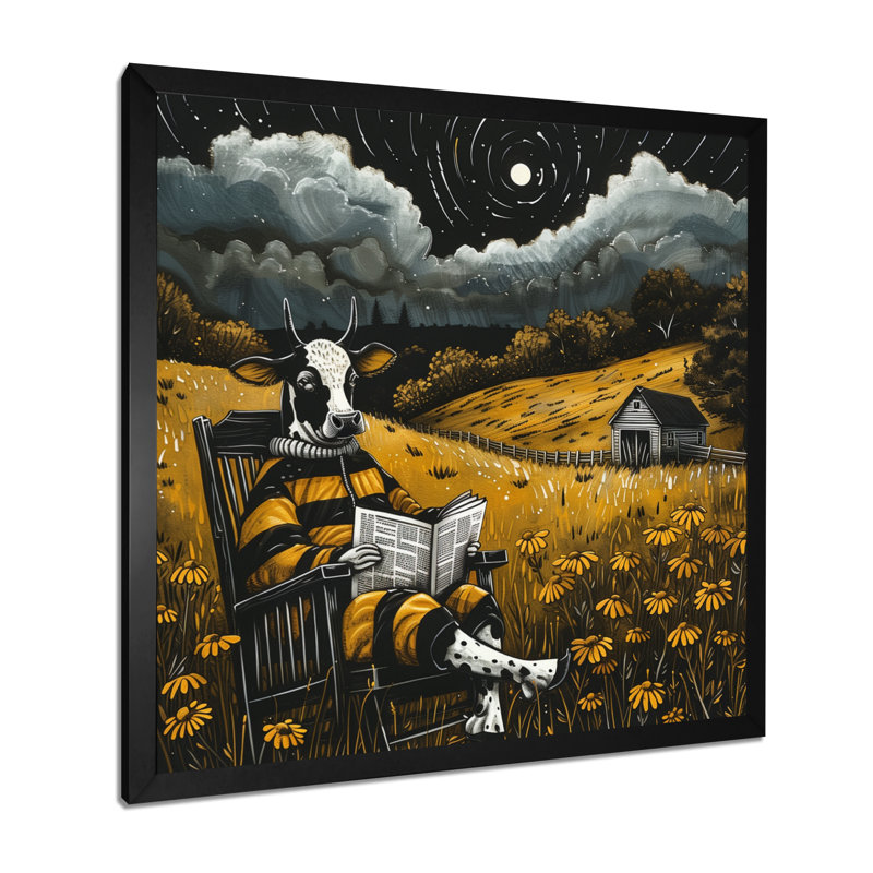 Vache lisant dans le pré sur une chaise berçante, Toile encadrée noire simple, H 16 po x l 16 po x P 1 po