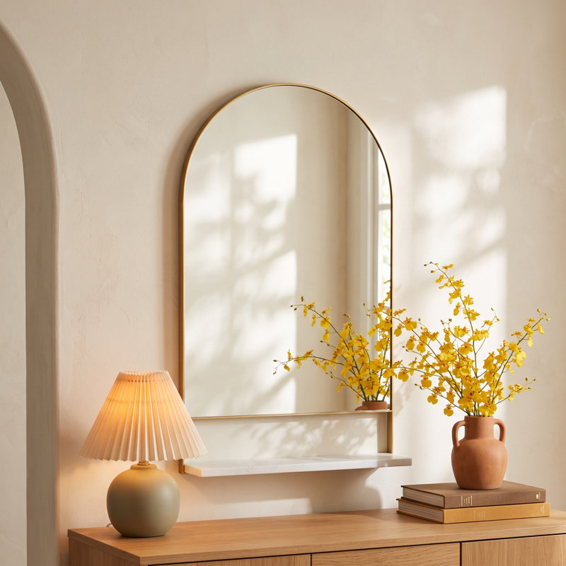 Cielo Arch Mirror with Shelves, 34" x 20", Gold/White