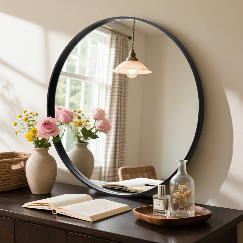 Wood Round Wall Mirror for Bathroom Bedroom Vanity Home Decoration, Black, 28" x 28"