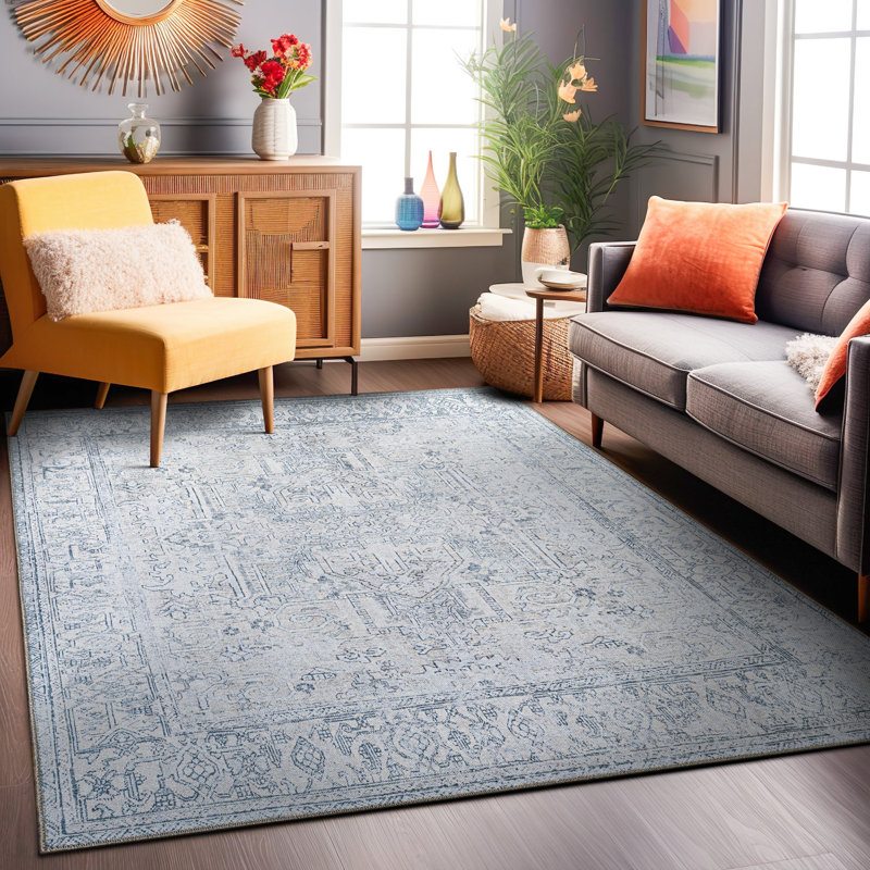Tapis oriental antidérapant bleu / ivoire Griffey, Rectangle 3 pi 3 po x 5 pi