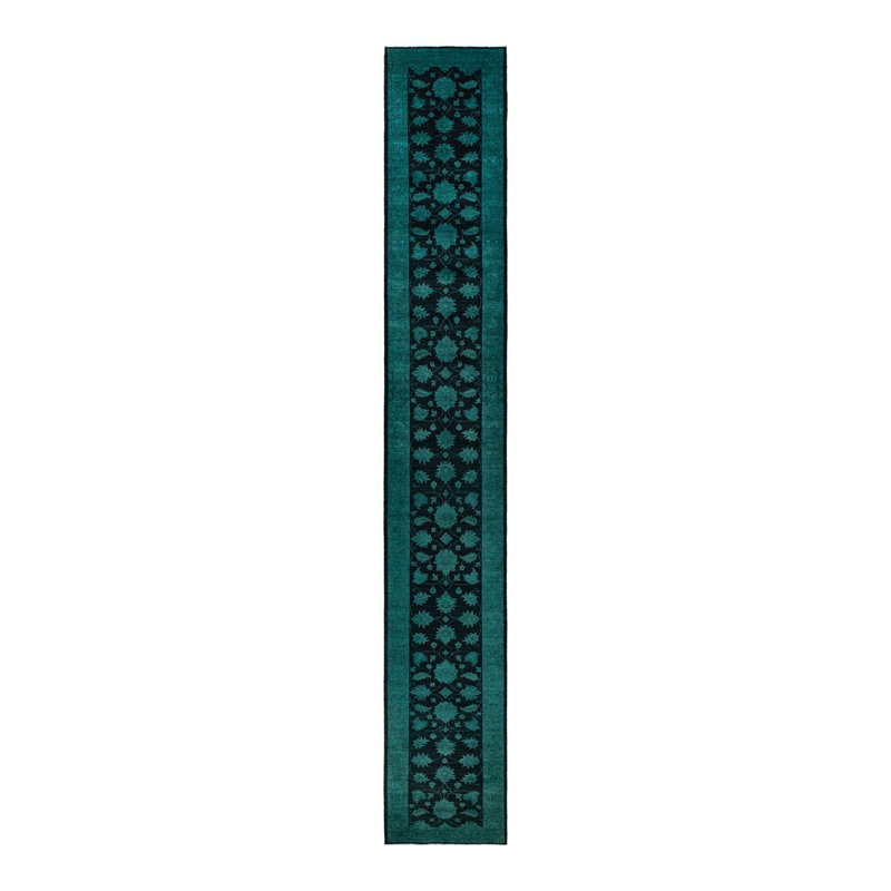 Tapis noir / sarcelle 2 pi 8 po x 19 pi 7 po Zaman One-of-a-Kind Zaman