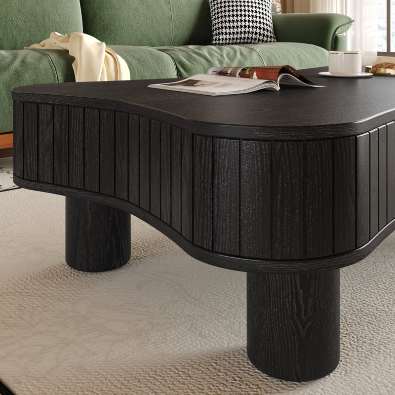 Table basse relevable de 42 pouces avec fonction hydraulique silencieuse, 3 espaces de rangement cachés, bords courbés, installation d'outils en 5 minutes, table de salon noire, panneaux latéraux cannelés, compartiments, lisse