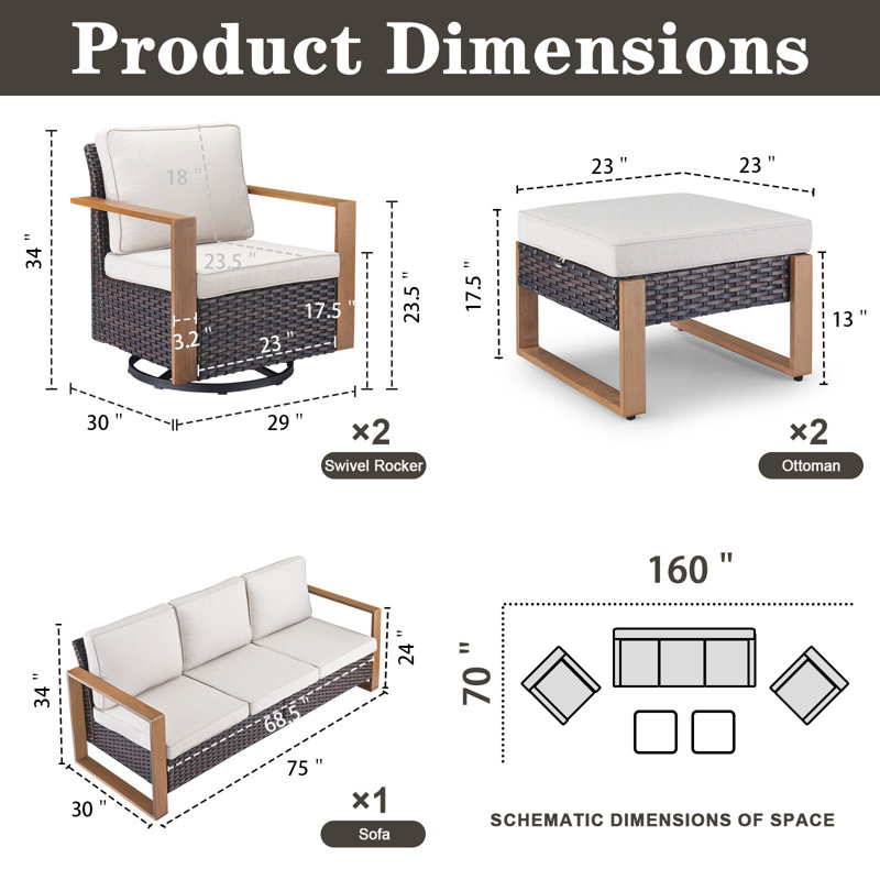 Ensemble de conversation d'extérieur pour 5 personnes avec coussins Kelyse, Beige, Brun